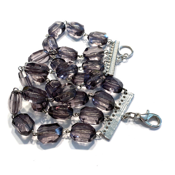 Multistrand Beaded Bracelet Silver Chain Faceted Chunky Purple Beads Chic Runway - Picture 5 of 6